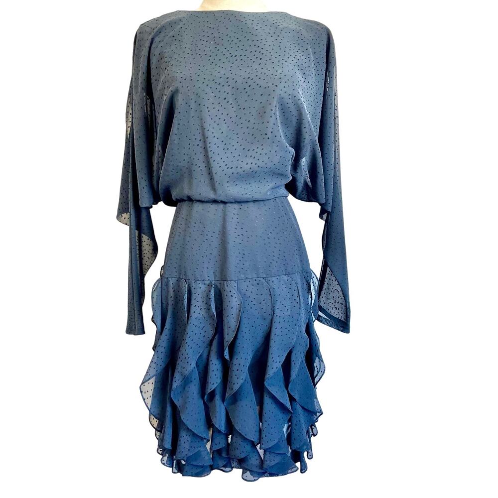 Vintage 80’s Black Sparkly Swiss Dot Long Dolman Sleeve Ruffled Dress XS-S